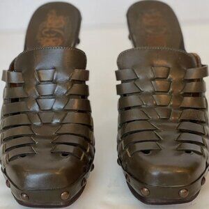 NINE WEST Clogs Mules BOHO Evergreen LEATHER High Heels Women Shoes Size 7.5